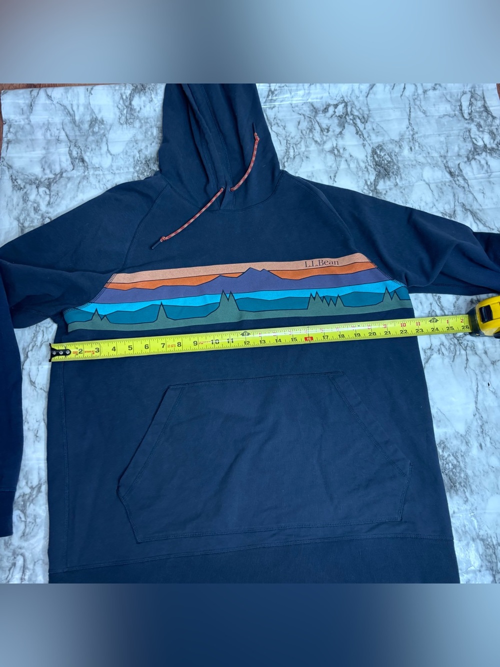 L.L. Bean Navy Hoodie large Orange Blue Green Mountain Stripe logo sweatshirt - Picture 6 of 7